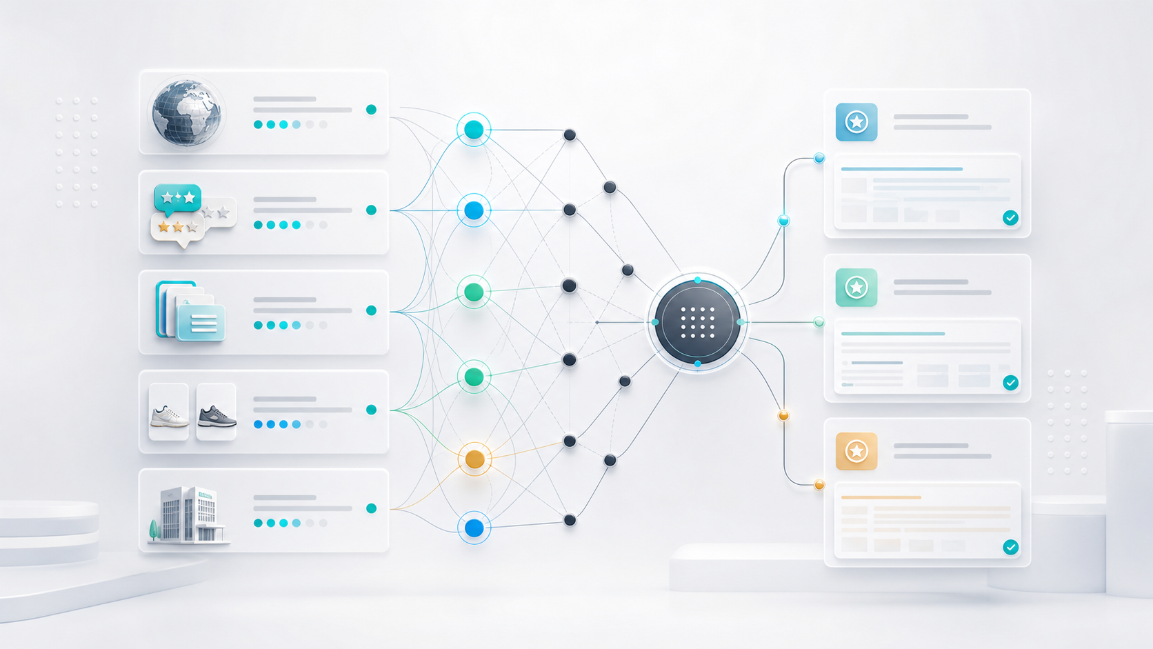 Visual source graph connecting external sources, reviews, directories and signals into AI-generated answers.