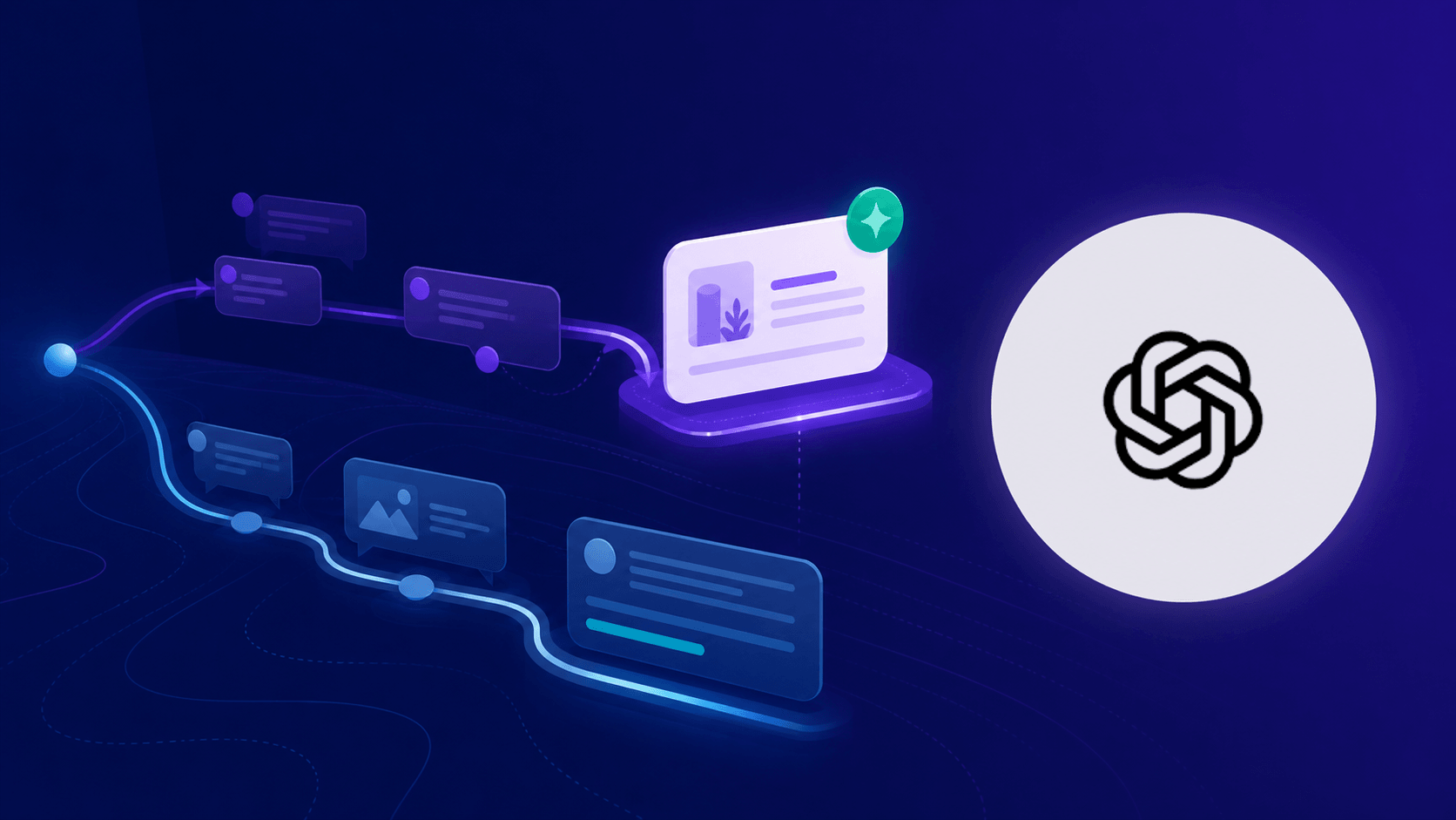 ChatGPT logo beside separate advertising and organic-content paths within a conversational experience
