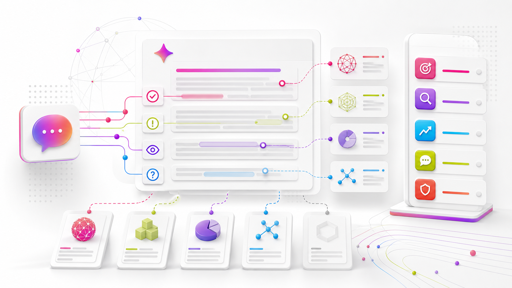 GEO and AEO audit panel with an artificial intelligence answer connected to citations, verifiable sources, omissions and prioritized actions