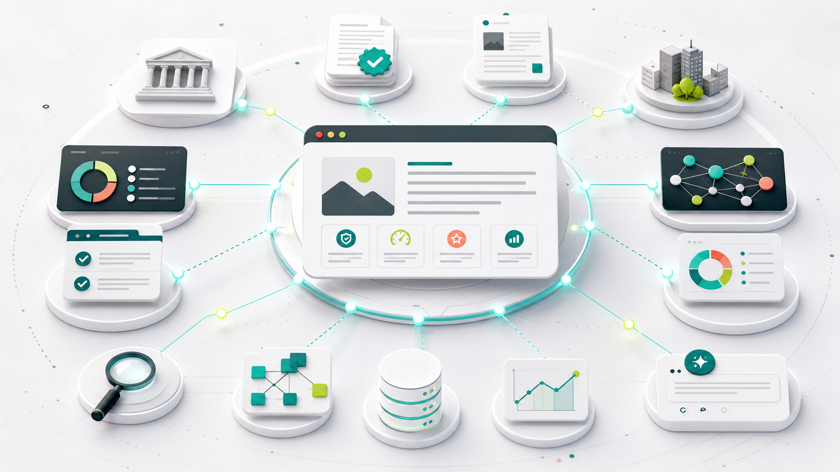 Structured data graph connected with a website, verifiable sources, answer engines and GEO and AEO visibility metrics
