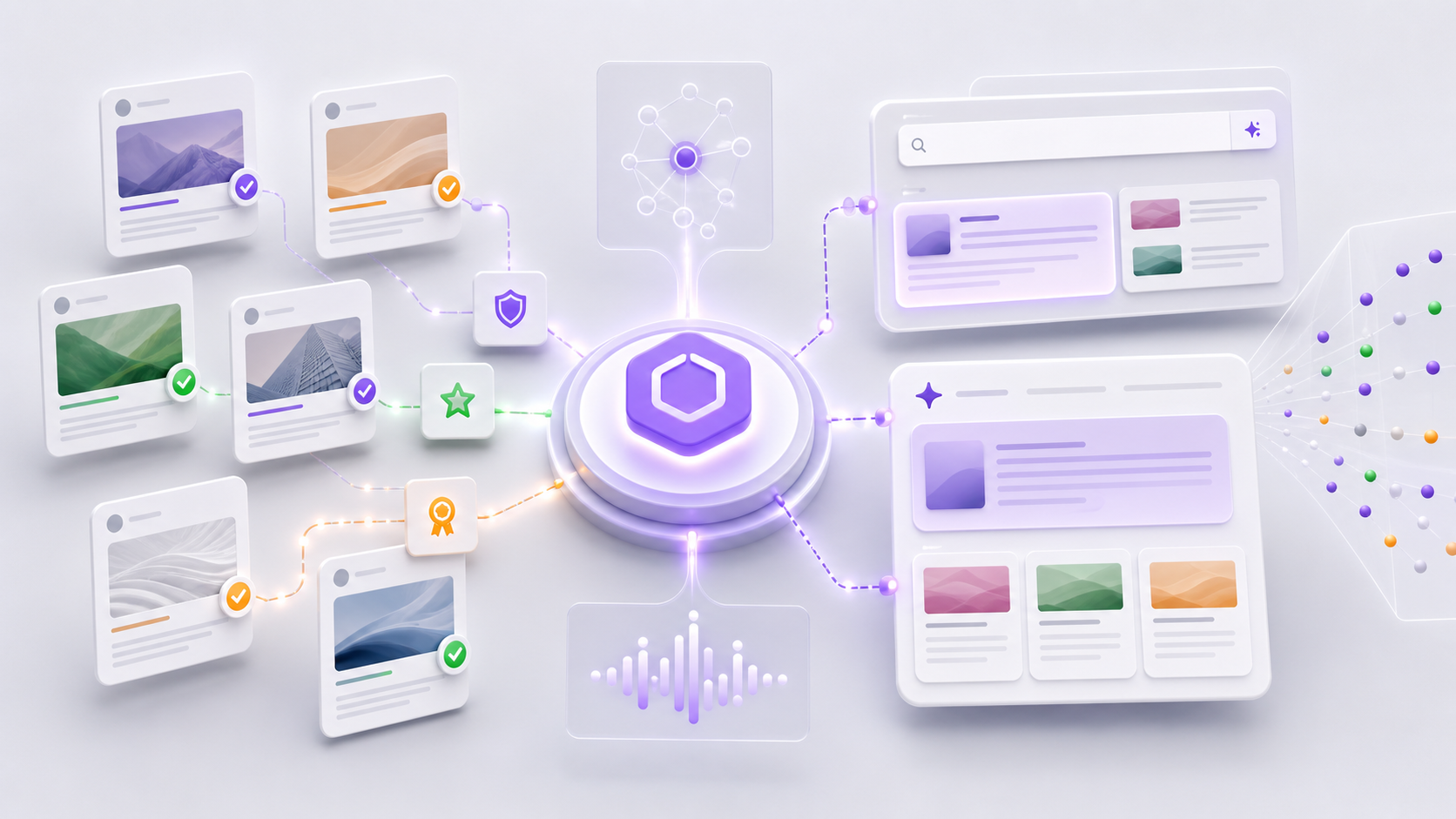Brand node connected with verified external sources, citations and artificial intelligence answer panels for a GEO and AEO strategy