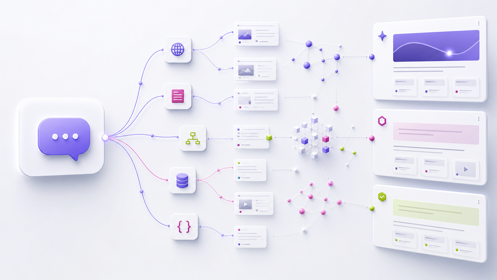 GEO and AEO query fan-out visual map where one conversational question expands into subquestions, sources, internal links and artificial intelligence answer panels